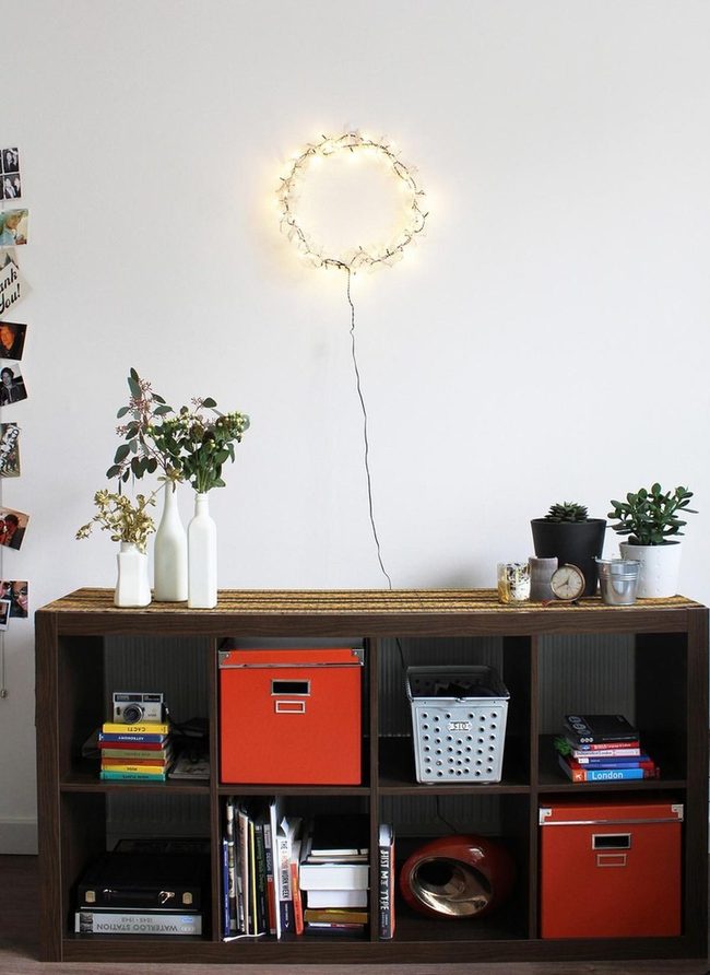 Dark Wood Shelves With Red Accents