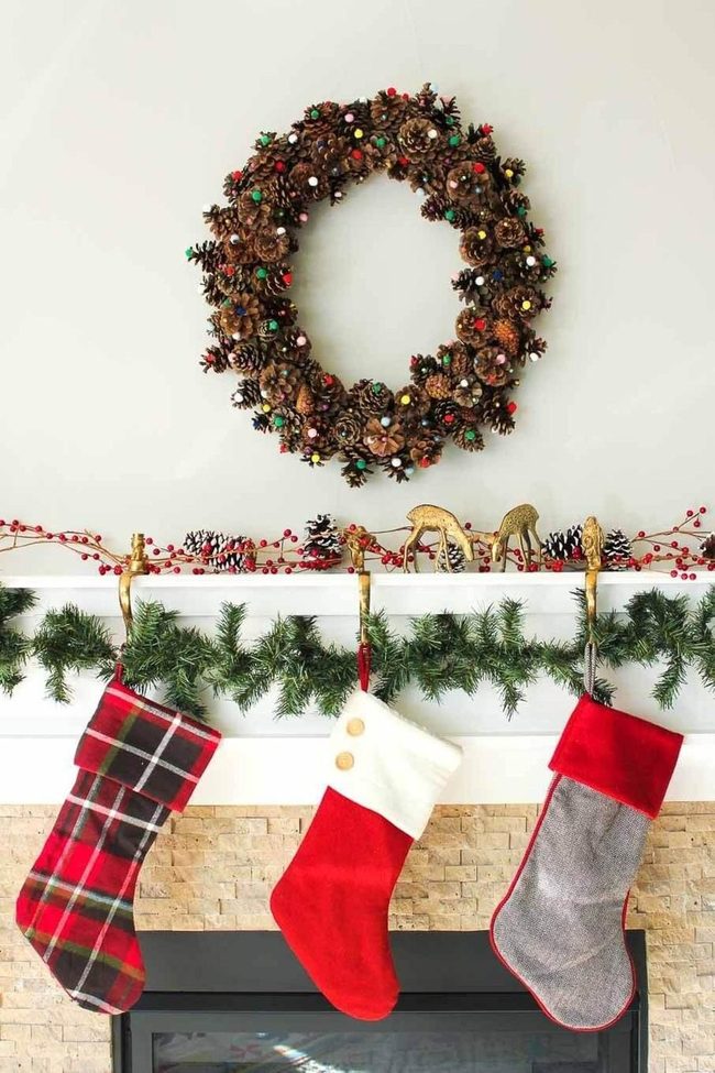 Pompom Pinecone Mantel Wreath