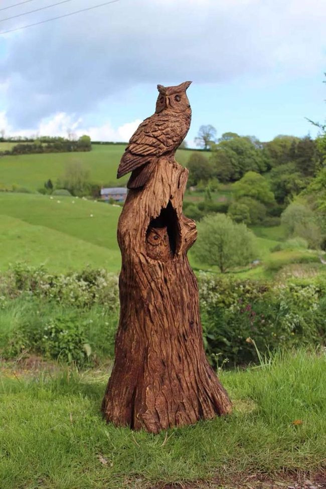Carved Owl Stump Garden Feature