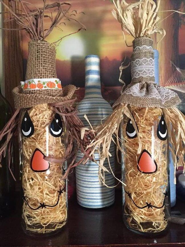 Painted Glass Scarecrows With Straw