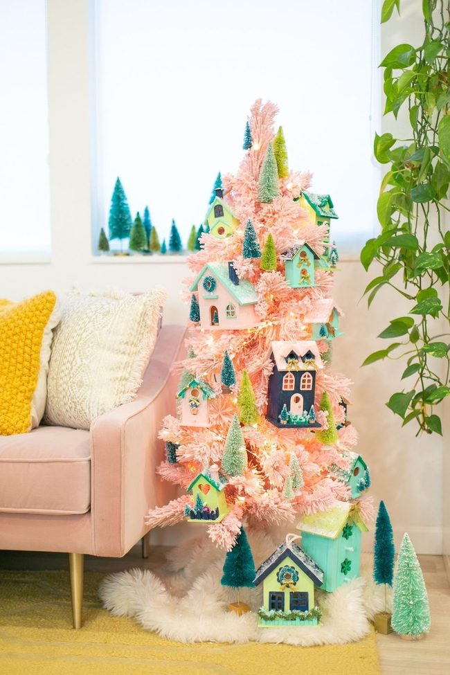 Pink Flocked Tree Wooden Birdhouses