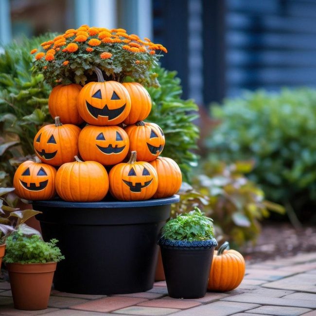 Stacked Plastic Pumpkins Tower