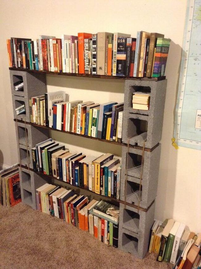 Concrete Blocks Raw Wood Shelving