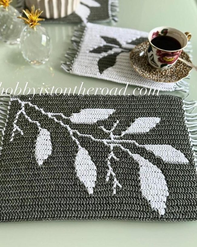 White Leaves On Olive Green Placemats
