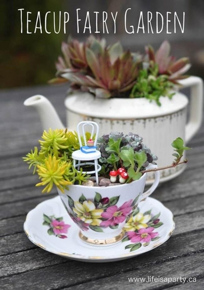 Miniature Teacups Among Blooming Flowers