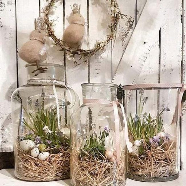 Dried Twigs Purple Flowers Glass Jars