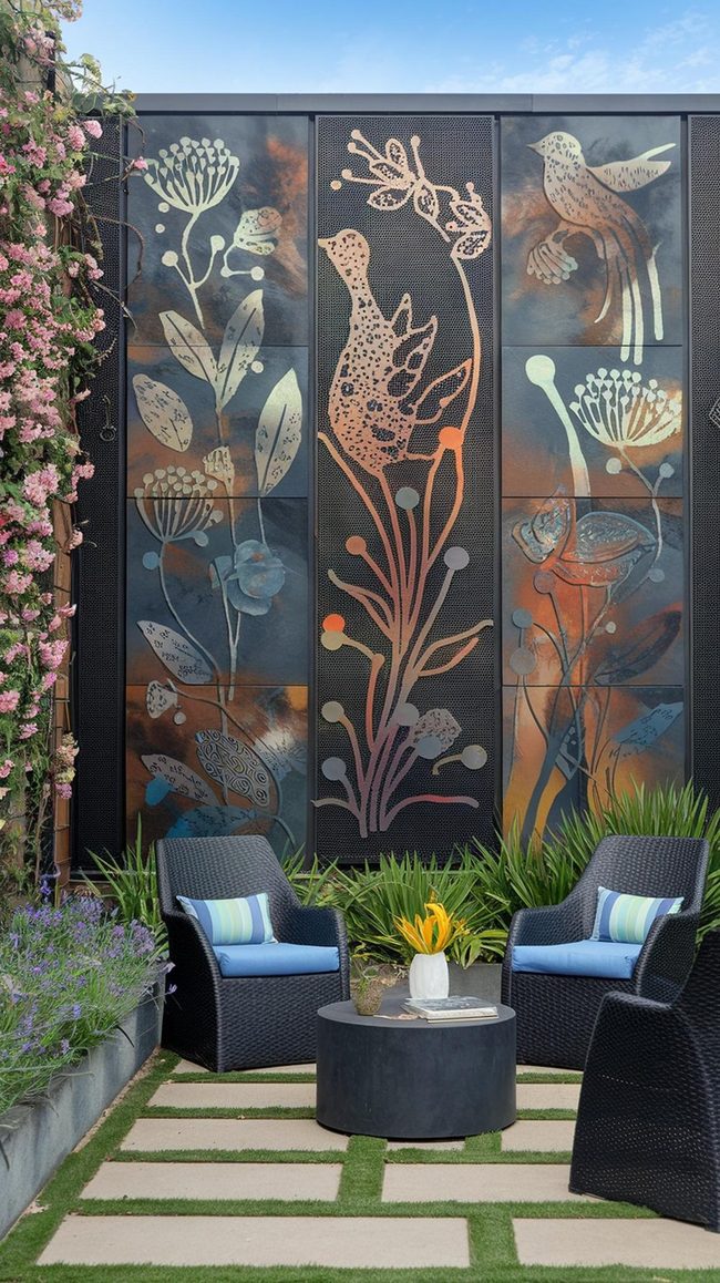 Metal Garden Art with Blooming Birds