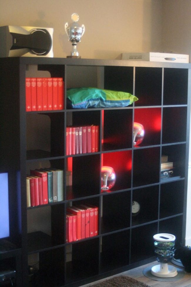 Black Shelves With Red Accent Pops