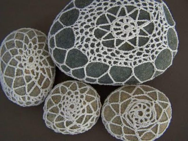White Yarn Wrapped Stone Art