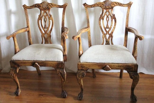 Carved Wood Chairs, Cream Cushions