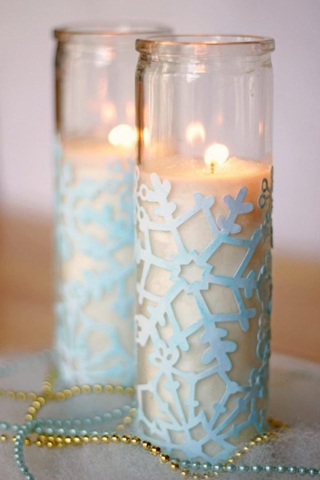 Blue Snowflake Candles With Sparkling Beads