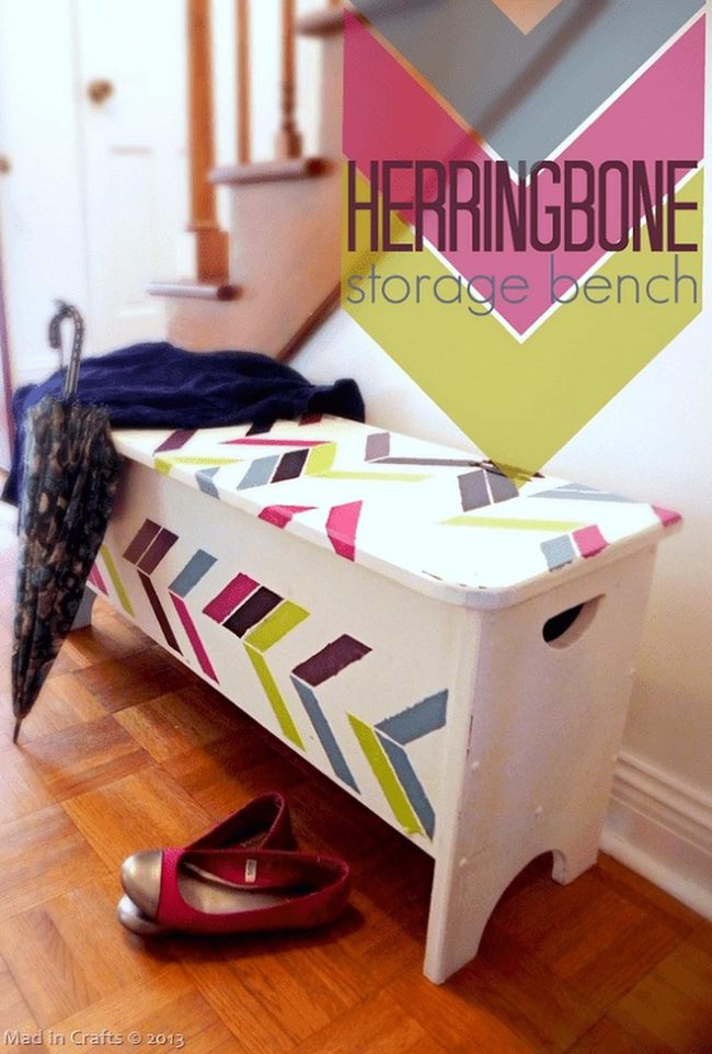 Herringbone Pink White Storage Bench