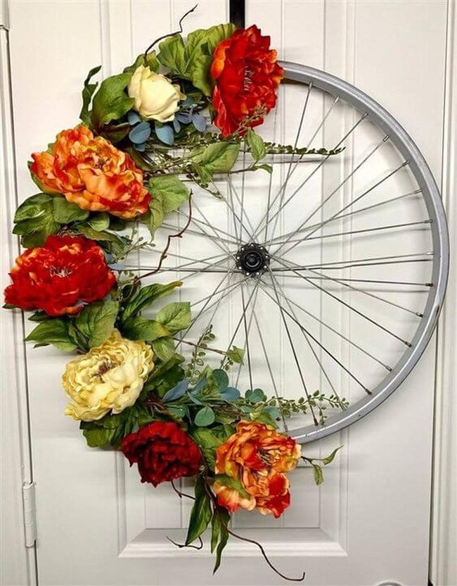 Bicycle Wheel Wreath Red Florals
