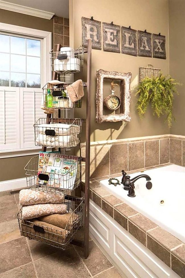 Stacked Baskets On Wooden Ladder