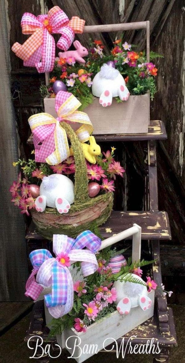 Wooden Baskets Spring Flowers Bunnies