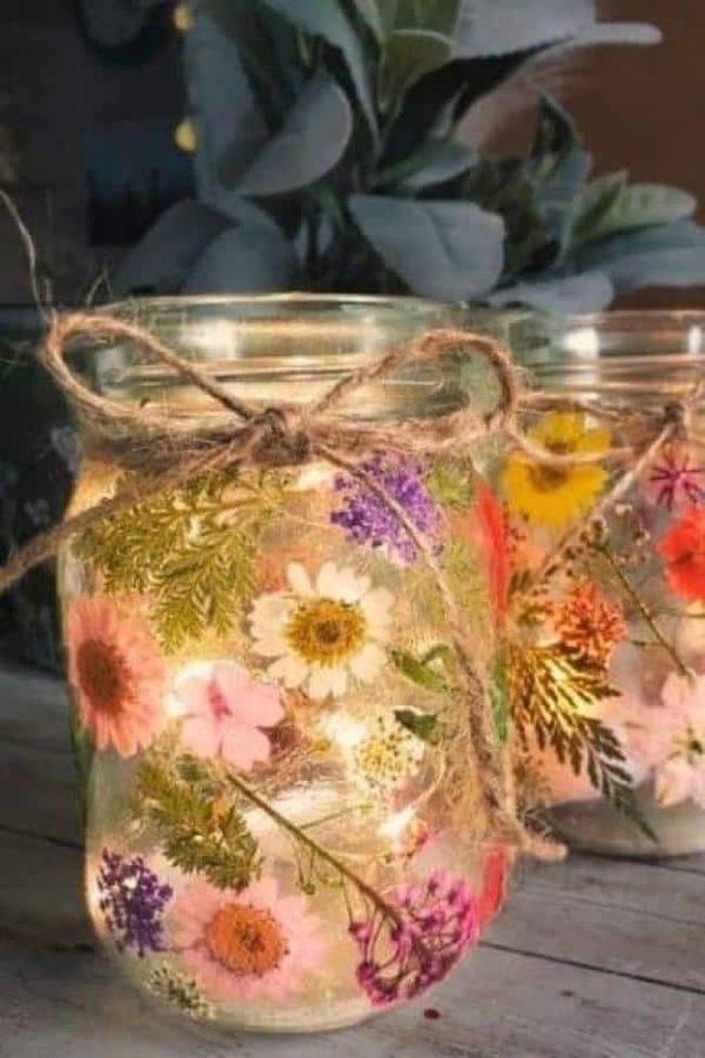Pressed Flowers In Purple Mason Jars