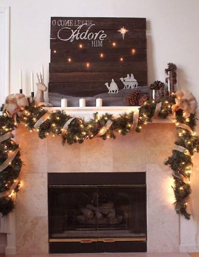 Stone Fireplace With Green Garland
