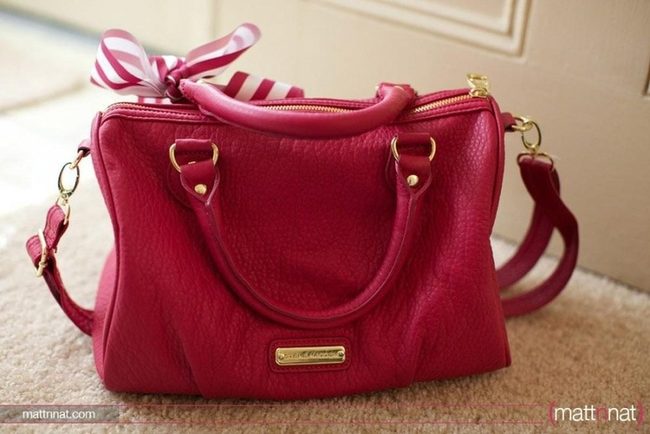 Red Pebbled Leather With Striped Ribbon