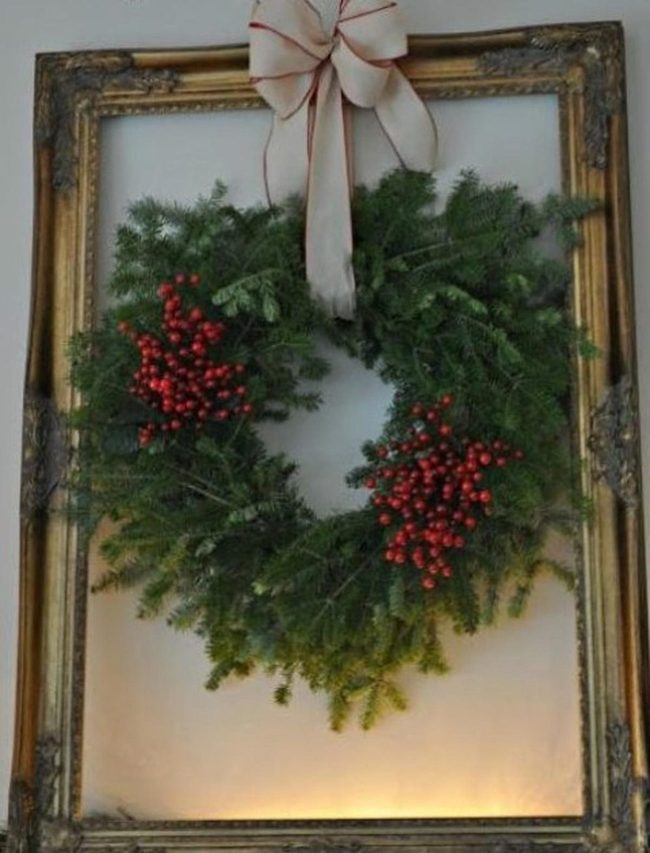 Evergreen Wreath Red Berries Gold Frame