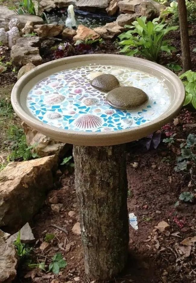 Mosaic Birdbath With Seashell Tiles