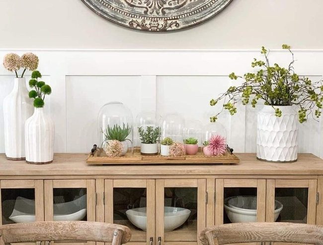 Succulent-Topped Wood Sideboard