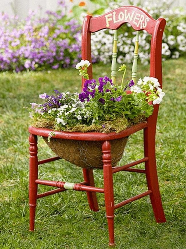 Red Wooden Chair Blooming Purple