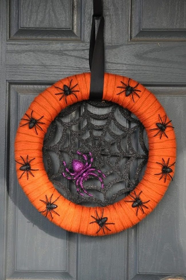 Orange Yarn Spiders Halloween Wreath