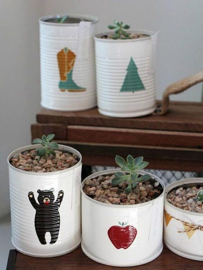 Painted Tin Cans With Succulents