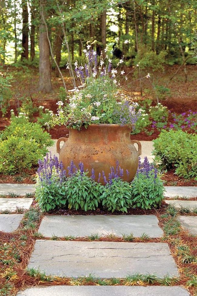 White Flowers Clay Pots Stone Path
