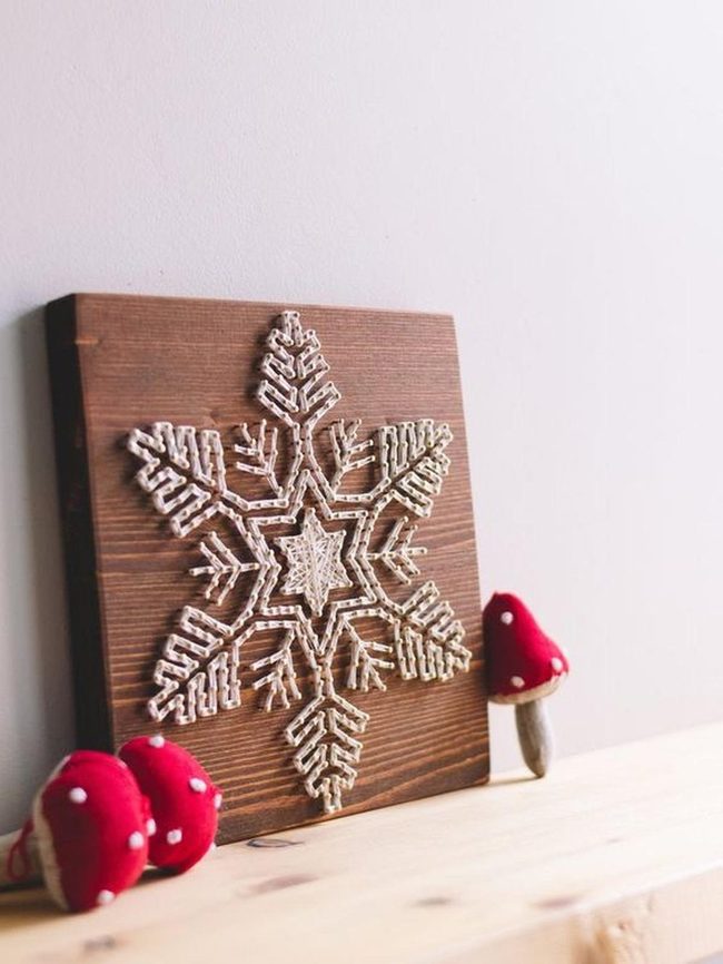 Wooden Snowflakes With Red Mushrooms