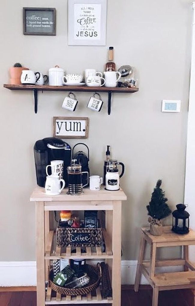 Light Wood Coffee Corner With Green Plant