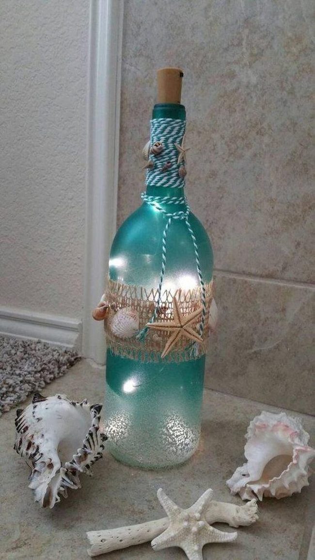 Teal Glass Bottle With Seashells