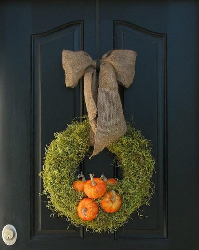 Deep Green Door With Moss And Pumpkin Wreath