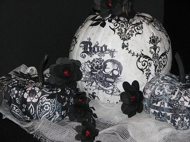 Skull Pumpkins Dark Florals White Gauze