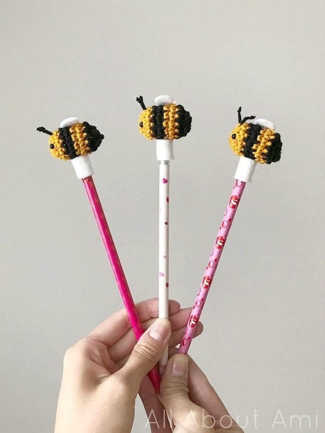 Knitted Striped Bees On Pencils