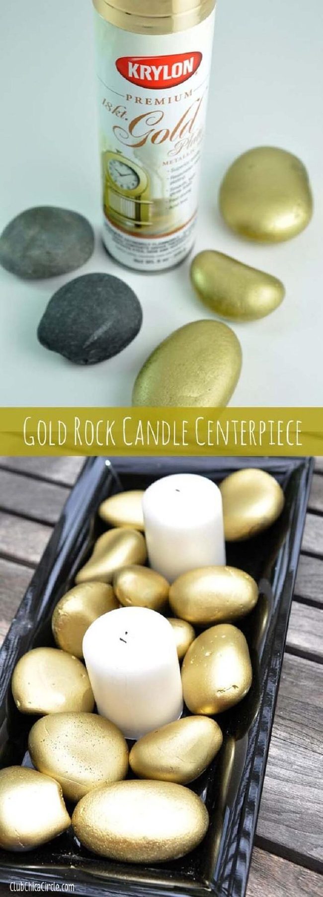 Gold-Painted Stones With White Candles