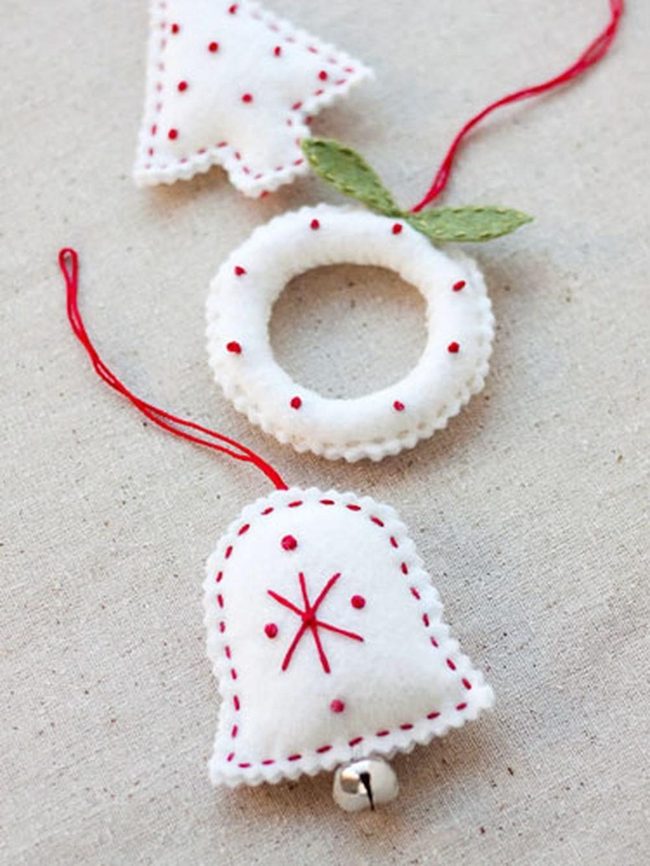 White Felt Red Stitched Ornaments