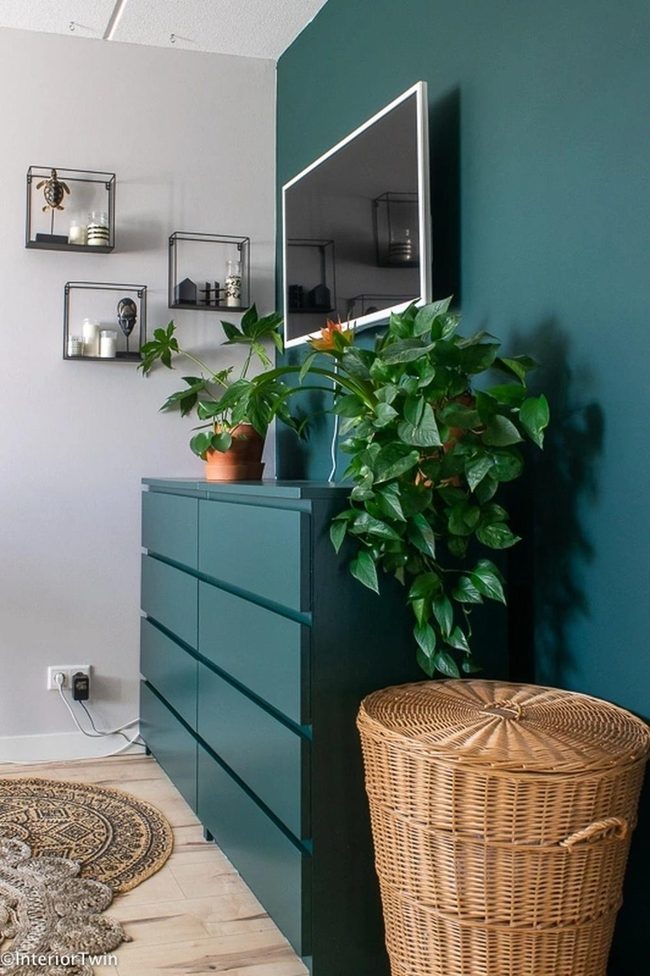 Green Painted Dresser With Wicker Features