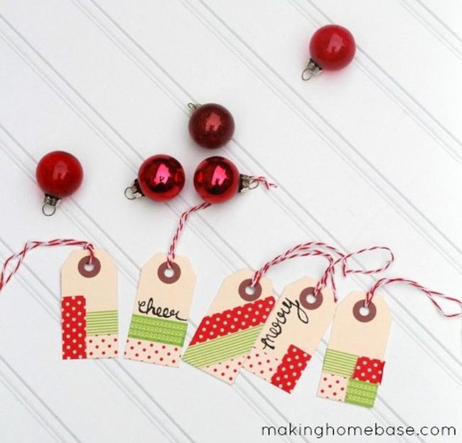 Red And Green Gift Tags On White Wood