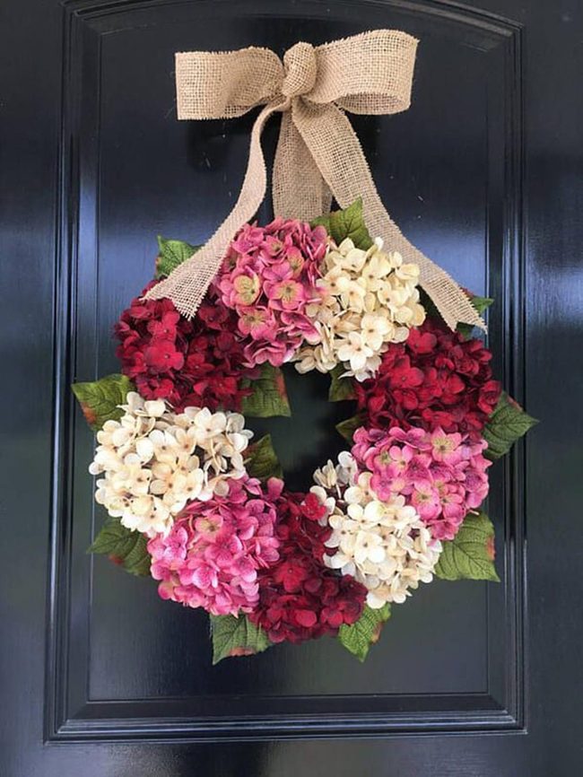 Multicolor Hydrangeas With Burlap Bow