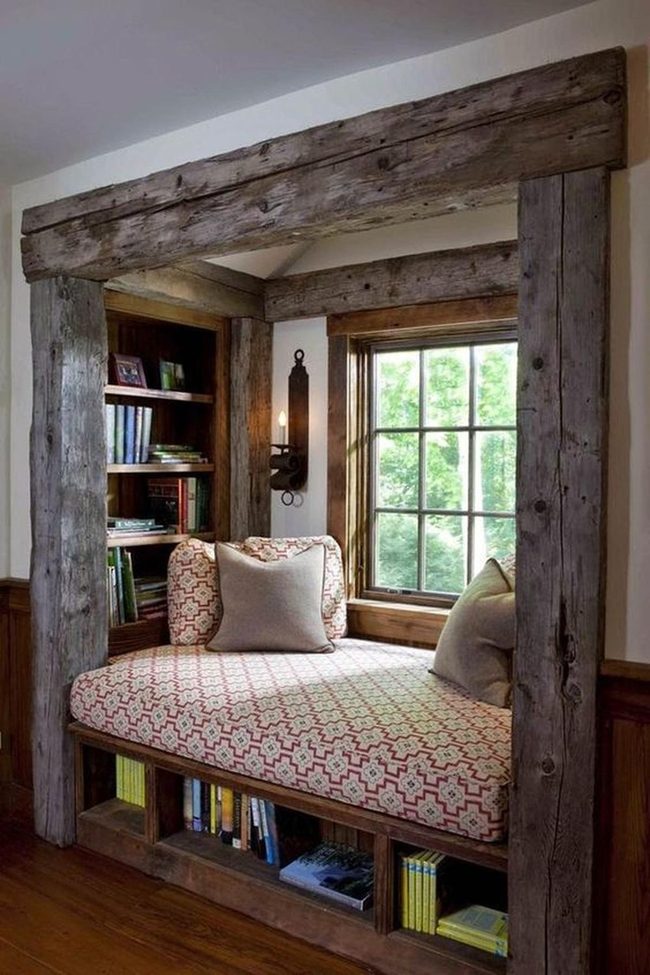 Red Patterned Bench By Window