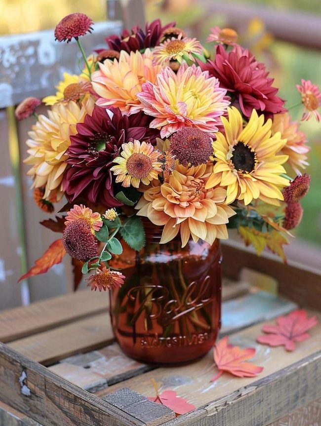 Burgundy Blooms In Mason Glass