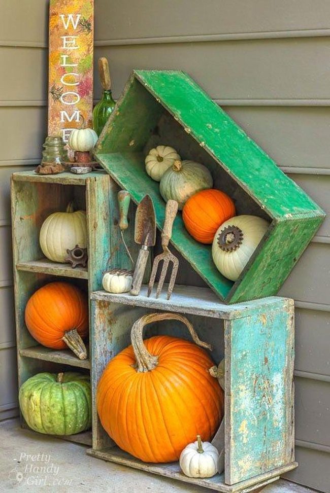 Faded Blue Crates Orange Pumpkins