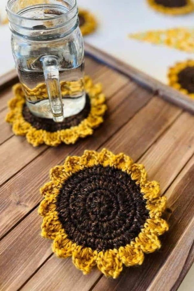 Golden Petals On Brown Crochet Coasters