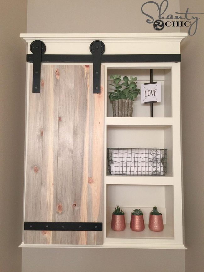 Wooden Sliding Shelves With Copper Plants