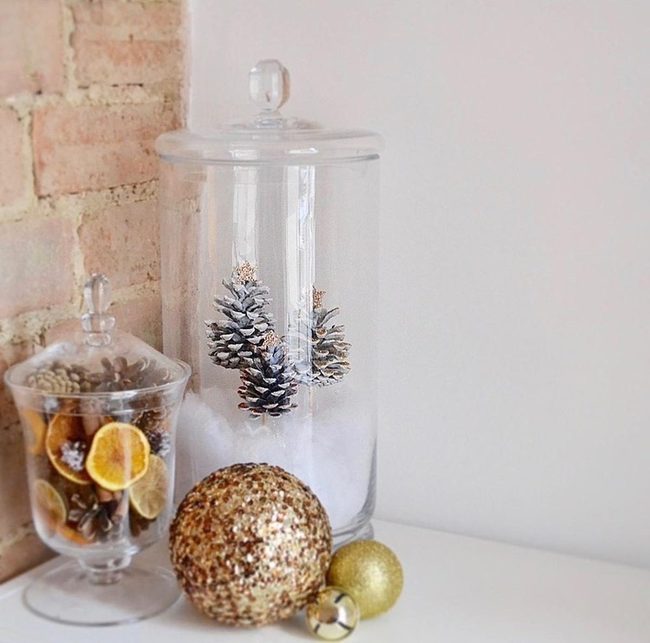 Gold Ornaments In Glass Jars