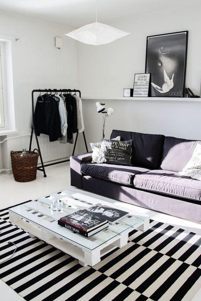 Dark Gray Sofa Striped Rug Sanctuary