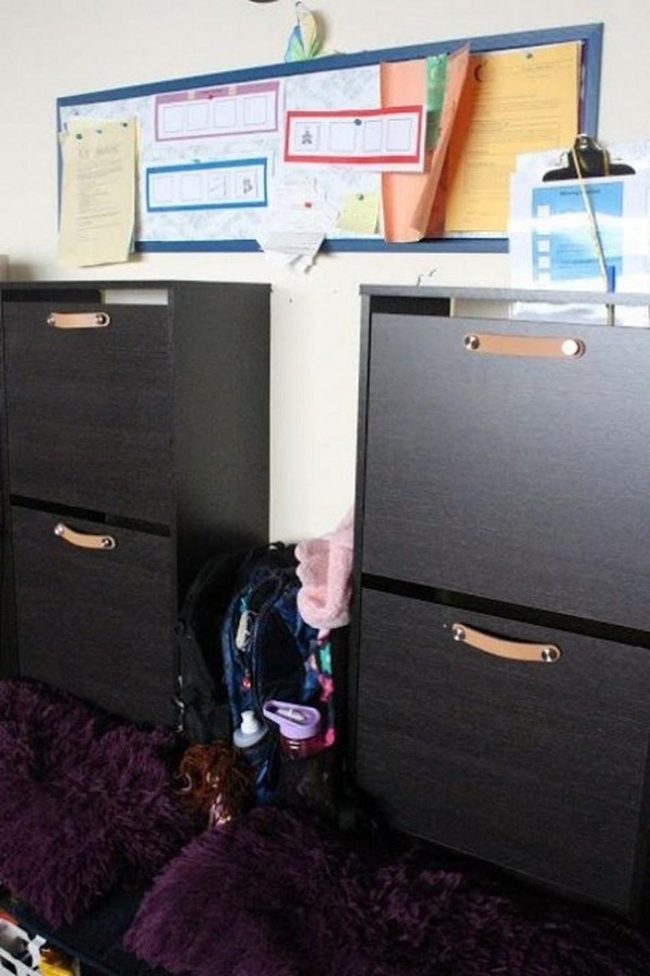 Dark Wood Storage With Colorful Bulletin Boards