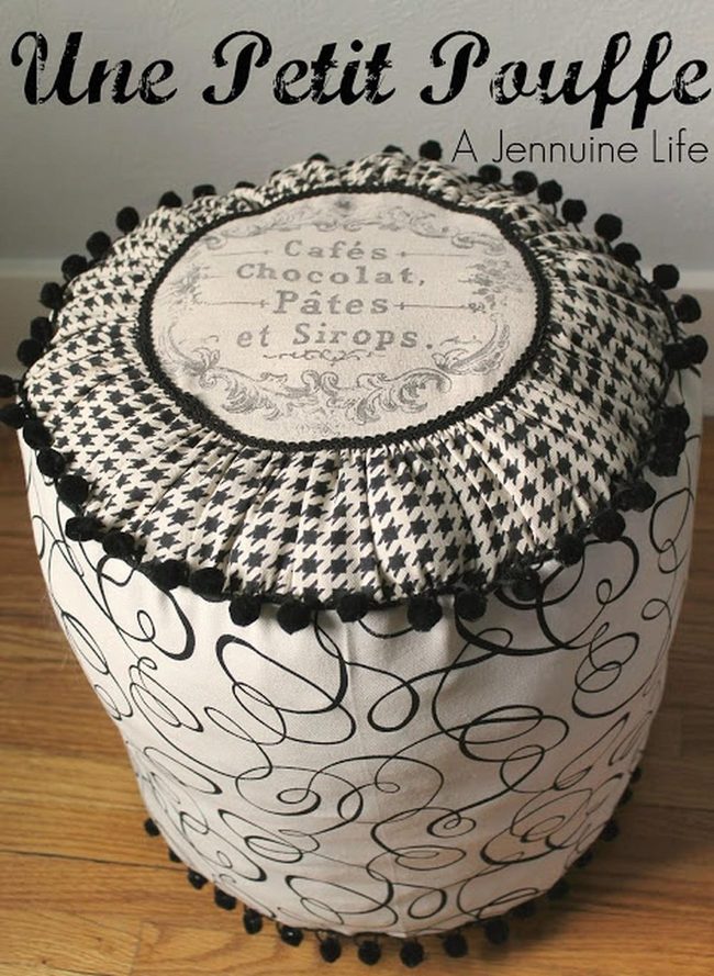 Black Houndstooth Pouffe With Pom-Pom Trim