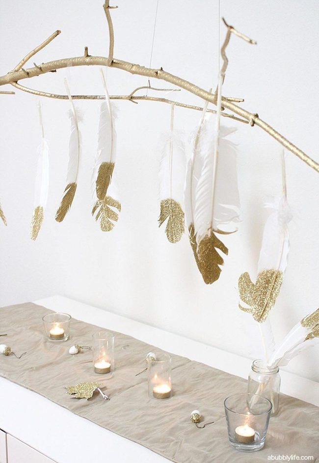 Suspended Gold Feathers With Glass